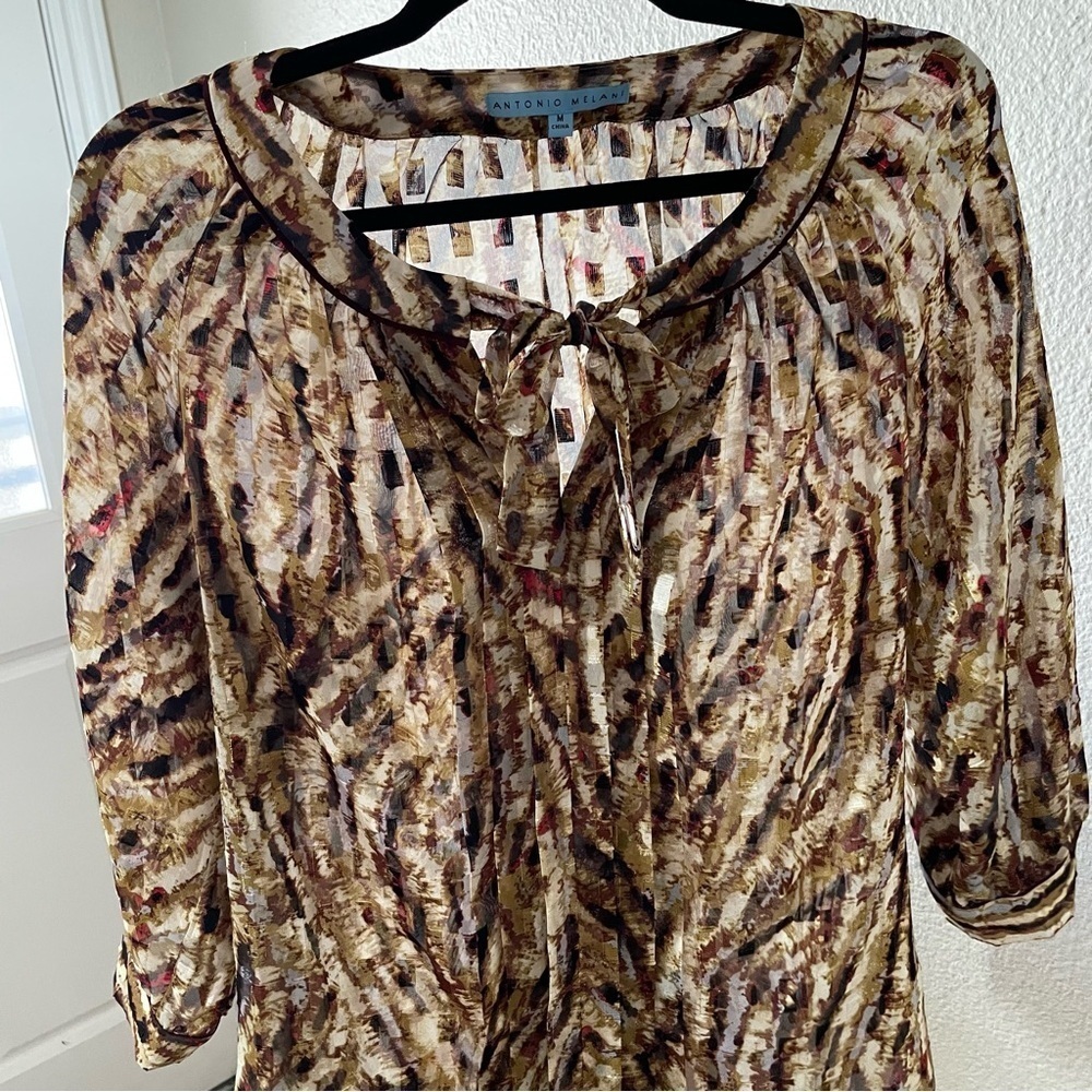 Elegant Antonio Melani Blouse Women’s Medium Multicolored Sheer Tie Front Classy - Picture 9 of 16